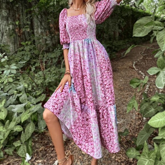 Boho Pink Floral Print Puff Sleeve Ruffle Dress Cottagecore - Picture 5 of 5